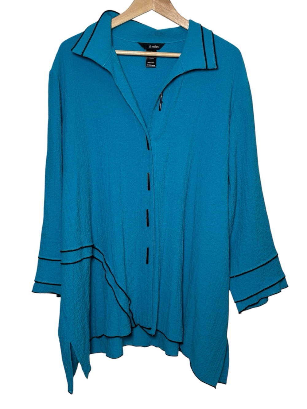 Ali Miles Top Tunic 1X Lagenlook Button Up Art Asymmetrical Lagom Turquoise Blue